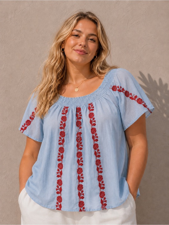 Liz Claiborne Tops - Liz Claiborne Light Blue Peasant Top with Red Floral Embroidery